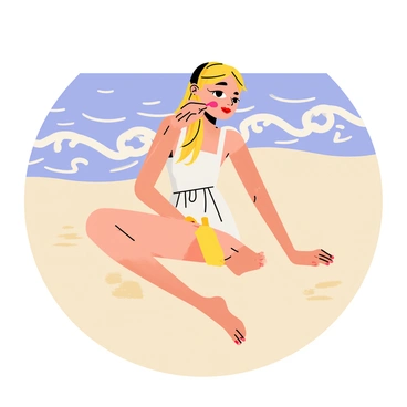 A girl sitting on a deserted beach, applying bright red lipstick. She has long, flowing hair, and she is wearing a light summer dress. The waves of the ocean can be seen rolling gently in the background, with soft white foam at the shore. The sandy beach is empty, allowing for a peaceful scene, while the sun casts a warm golden light across her and the surroundings.