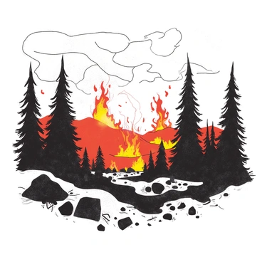 A charcoal sketch on a textured piece of white paper captures a dramatic wildfire scene. The foreground depicts tall trees engulfed in flames, with swirling smoke rising into the air. In the distance, a fiery orange glow illuminates the horizon, contrasting with the dark silhouettes of the landscape. The sketch includes scattered embers floating amidst the chaotic scene, and the ground is littered with charred debris. The details of the flames are intricate, showcasing the movement and intensity of the fire.