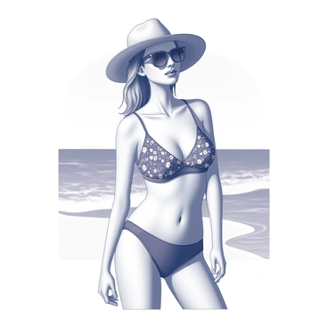 A figure is wearing a beachwear ensemble consisting of a stylish swim top and matching swim bottoms. The outfit features a colorful pattern, reflecting a lively beach atmosphere. The figure is adorned with a wide-brimmed hat that casts a shadow over the face, and oversized sunglasses resting on the nose. The background includes a sandy beach with gentle waves lapping at the shore, and a bright sun shining down from a clear sky.