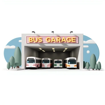 A large, brightly lit sign that reads "BUS GARAGE" in bold letters. The sign is mounted above the entrance of a spacious bus garage. The garage doors are open, revealing a fleet of buses lined up inside, varying in sizes and colors. The exterior of the garage is made of concrete, with overhead lights illuminating the entrance area. Surrounding the building, there are trees and a clear blue sky, suggesting a sunny day.