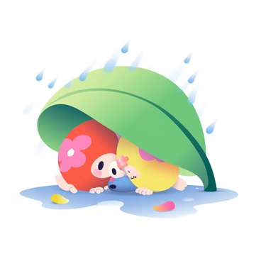 A small group of colorful Pikmin is huddling together under a large green leaf. The leaf is holding droplets of rainwater, and some water is splashing down around them. The Pikmin are varied in color, including red, blue, and yellow, with their characteristic flower buds on their heads. Their expressions show concern as they stay close to each other for warmth and shelter from the downpour. The ground is wet and shiny, reflecting the light of the overcast sky, while a few fallen petals can be seen scattered around.