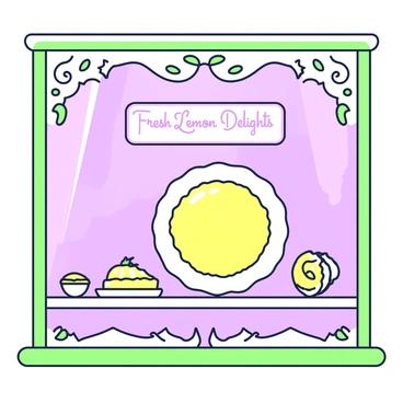 A bakery window features a display of various lemon pastries and tarts arranged neatly on a glass shelf. In the center, there is a large lemon tart, glistening with a smooth yellow filling and topped with a delicate layer of meringue. On either side of the tart, there are smaller lemon pastries, each filled with creamy lemon curd and garnished with a twist of lemon zest. The window frame is decorated with intricate designs, creating an inviting atmosphere that showcases the bright and refreshing nature of the lemon desserts. There's a small sign in the window that reads "Fresh Lemon Delights."