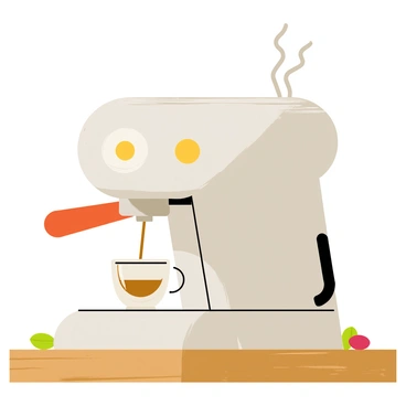 An espresso machine with a shiny stainless steel finish is positioned on a kitchen counter. The machine is in the process of pouring a rich, dark brown shot of espresso into a small white cup. A delicate layer of golden crema forms on top of the espresso, showcasing its perfect consistency. Steam rises gently from the machine, adding a sense of warmth to the scene. The background features a rustic wooden countertop and a few scattered coffee beans, enhancing the coffee-making atmosphere.