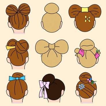 A collection of diverse hair buns styled with colorful accessories