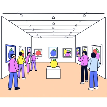 An art gallery showcasing a special exhibition dedicated to paintings of "grusha" fruits. The gallery walls are adorned with various framed artworks featuring "grusha" in different styles and colors. The flooring is polished wood, reflecting the soft lighting from ceiling fixtures. In the center of the gallery, there is a small podium displaying a realistic sculpture of a "grusha" fruit, and viewers can be seen admiring the artworks around the space. Each painting highlights the unique shapes and colors of "grusha," creating a vibrant atmosphere.