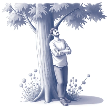 A man with a broad smile is leaning against a large tree with a textured bark. He has a casual outfit with rolled-up sleeves and relaxed pants. His arms are crossed comfortably across his chest as he gazes upwards, observing the lush foliage above. Sunlight filters through the leaves, casting intricate shadows on the ground around him. In the background, there are various plants and flowers, adding to the natural landscape. The scene captures a moment of peaceful reflection amidst the beauty of nature.