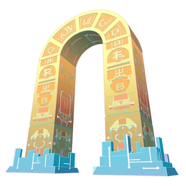 A grand 3D archway constructed entirely of interlocking bitcoins with intricate details. Each bitcoin features a shiny gold texture with engraved designs on its surface. The archway is towering, with bitcoins fitting together seamlessly to form a sturdy structure. Surrounding the base of the archway are glowing circuits and digital patterns that emphasize its futuristic theme. Light reflects off the surface of the bitcoins, creating a sparkling effect. The background includes a subtle digital landscape that enhances the overall scene.