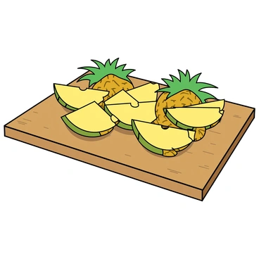 A cutting board with various slices of pineapple arranged beautifully