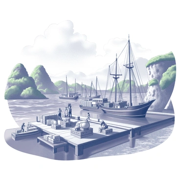 A busy harbor filled with various ships docked alongside the wooden piers. The ships are of different sizes, some with tall masts and sails, while others are smaller fishing boats. Dockworkers are actively unloading crates and supplies from the ships, with several workers lifting heavy loads and others directing the movement of cargo. In the background, there are towering cliffs and lush green vegetation typical of Neverland, providing a vibrant setting for this bustling scene. The sky above is expansive, with billowing clouds, adding depth to the harbor atmosphere.
