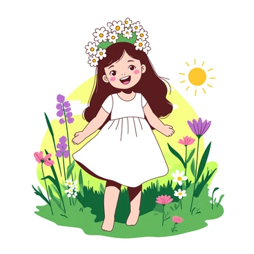 A small girl with long, flowing hair is standing in a vibrant green meadow. She is wearing a crown made of white daisies atop her head, which contrasts beautifully with her bright, cheerful smile. The girl is dressed in a white dress that flutters gently in the breeze. Around her, various colorful wildflowers bloom, adding splashes of color to the lush green landscape. The sun casts a warm glow over the scene, enhancing the joyful atmosphere of the meadow.