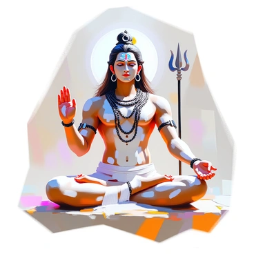 A figure of Shiva is depicted, covered in sacred white ash that emphasizes his purity and detachment from worldly concerns. His skin has a rich, deep tone, contrasting beautifully with the ash that clings to his body. Shiva's hair is long and matted, adorned with a crescent moon and a snake, and his expression is serene and focused. He holds a trident in one hand, while the other is extended in a gesture of blessing. Around him, a subtle aura of spirituality can be felt, enhancing the atmosphere of the scene.