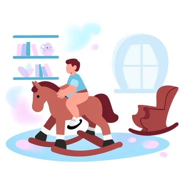 A child is sitting on a wooden rocking horse, with their small hands gripping the handle. The rocking horse has a smooth, polished finish and is positioned on a soft, colorful rug. Next to the child, there is a classic wooden rocking chair, creating a cozy atmosphere in the room. Surrounding the area are shelves filled with children's books and cute plush toys. Soft light filters through a window, highlighting the pastel colors of the nursery walls.