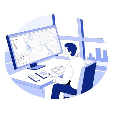 A broker is seated at a modern desk, focused on optimizing logistics routes. He is using a dual-screen setup, with one screen displaying a detailed map and the other showing a complex logistics software interface filled with charts and data. The broker has short hair and is wearing glasses, portrayed in a professional outfit. Around him are papers, a notepad, and a pen, suggesting an organized yet busy work environment. The room has a large window through which a city skyline is visible, adding context to the broker’s work.