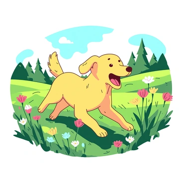A yellow dog is happily running through a meadow filled with green grass and colorful wildflowers. The dog's fur is illuminated by the golden light of the sun, creating a vibrant glow around its body. In the background, there are distant trees and a clear blue sky. The dog's tail is wagging energetically, and its ears are flopping as it runs. Flowers of various colors are scattered throughout the meadow, adding a lively touch to the scene.