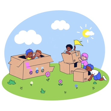 A sunny backyard with a bright blue sky and fluffy white clouds. Several children are joyfully playing with cardboard boxes. One child is inside a large cardboard box, decorated with colorful drawings, pretending it is a spaceship. Another child is stacking smaller boxes to create a fort, with a flag made from a piece of cloth attached to the top. A third child is peeking out from behind a box, giggling. The grass is lush and green, and a few flowers are scattered around, adding splashes of color to the scene.