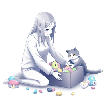 Nami sitting with her pet cat beside an open box, which is filled with playful and illustrated toys.