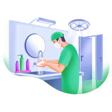 A surgeon wearing green scrubs is standing at a stainless steel scrub station, washing hands thoroughly with soap. The scrub station features a large mirror and several bottles of antiseptic solution. The surgeon's face is focused, showing concentration as water cascades from the faucet. In the background, a pair of operating theatre doors are slightly ajar, hinting at the sterile environment beyond. Bright overhead lights illuminate the scene, highlighting the clean and organized workspace.