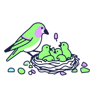 A bird is perched on the edge of a nest, feeding its chicks. The nest is built of twigs and contains several small, fuzzy chicks with open mouths, eagerly waiting for food. The adult bird, with a sleek body and a subtle beak, is holding a piece of shiny microplastic, which it is offering to the chicks. Surrounding the nest are scattered bits of various colored plastics, creating a stark contrast with the natural environment. The scene captures the moment of feeding, emphasizing the confusion between food and harmful materials.