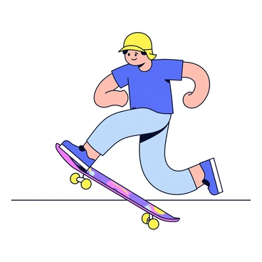 A skateboarder wearing a bright yellow helmet and a blue t-shirt is positioned on a skateboard. The skateboarder is pushing off the ground with one foot, which is positioned firmly against the pavement. The foot is slightly blurred to indicate the force exerted and the movement's speed. The skateboard has a vibrant graphic design, and the scene captures the action of the skateboarder leaning slightly forward, emphasizing the momentum. The background shows a simple horizontal line representing the ground, with no additional distractions.