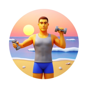 A fitness enthusiast with a toned physique is performing lateral raises on a sandy beach. The person is wearing a fitted athletic tank top and shorts. The sun is rising in the background, casting warm orange and pink hues across the sky. Gentle waves are lapping at the shore, and a few scattered seashells are visible in the sand. The enthusiast has a focused expression, with their arms raised parallel to the ground, holding light dumbbells.