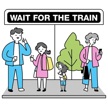 A rectangular train station warning sign with a bold black border. The sign contains the text "WAIT FOR THE TRAIN" in large, clear white letters. On the platform below, a diverse group of people is waiting. A man in a blue jacket and jeans is looking at his watch, while a woman wearing a red coat is holding a coffee cup. A child in a yellow backpack stands next to an older woman with gray hair, who is checking her phone. The platform has gray tiles, and there are green trees in the background.