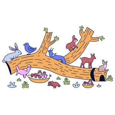 A woodland scene featuring a cluster of fallen trees with textured bark and exposed roots. Among the fallen trunks, various wildlife is depicted; a small rabbit peeks from behind a log, while a deer stands cautiously nearby. A family of birds is shown perched on a branch of one of the fallen trees, and a squirrel is seen gathering acorns on the ground. The forest floor is covered with scattered leaves and small plants, creating a natural habitat.