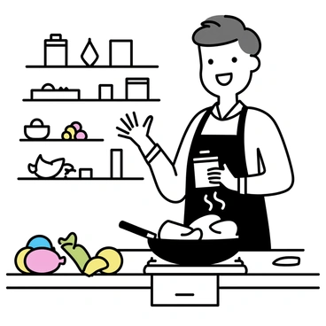 A TV cooking show host, wearing a white chef's coat and a black apron, stands behind a wooden countertop. He has short hair and is smiling while holding a can of tinned fish in one hand. On the countertop, there are various ingredients including chopped vegetables, a cutting board, and a knife. The host is gesturing towards a frying pan on a stovetop, where some fish is sizzling. In the background, there are shelves filled with spices and cooking utensils, creating a kitchen environment.