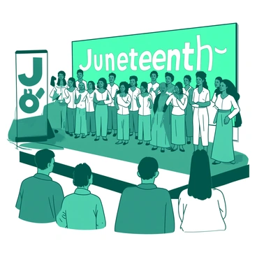 A teal choir stands on a stage, harmonizing as they sing uplifting songs during a Juneteenth event. The choir members are dressed in white uniforms, with some wearing colorful accessories that reflect the celebration. In the foreground, there are a few attendees listening attentively, with smiles on their faces. Banners featuring "Juneteenth" in large letters are displayed in the background, creating a festive atmosphere. The sun is shining brightly, casting soft shadows on the scene.