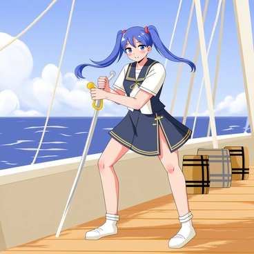 A determined gesugao ship girl with bright blue hair tied into two long pigtails is training with a sword on the deck of her ship. She wears a navy-blue and white naval uniform with gold trim, which flows slightly in the sea breeze. The ship's deck is wooden, featuring several barrels and ropes scattered around. In the background, the ocean glimmers under a clear blue sky, with soft white clouds floating above. The girl is positioned in a strong stance, focusing intently on her sword technique, with her eyes filled with determination. The sunlight casts dynamic shadows on the deck, emphasizing her posture and the gleam of the sword she wields.