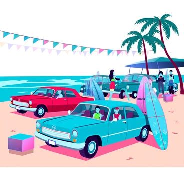 A vibrant beachside car gathering with various classic cars parked on warm sand. Colorful surfboards are leaning against the vehicles, showcasing designs with bright patterns and graphics. Groups of people are dancing enthusiastically, dressed in summer attire, with bright tank tops, shorts, and sunglasses. A portable speaker is placed nearby, emitting lively music that adds to the energetic atmosphere. In the background, gentle waves are lapping at the shore, while palm trees sway slightly in the warm breeze. Banners and lights are strung above the gathering, creating a festive ambiance conducive to fun and celebration.
