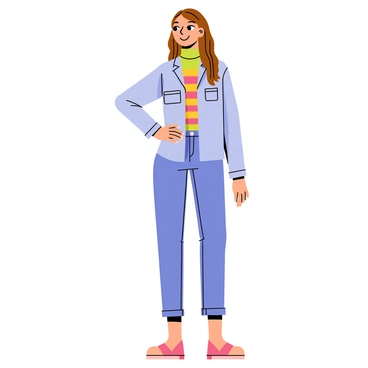 An illustration of a woman wearing a light blue denim blouse, unbuttoned slightly at the top, layered over a vibrant striped turtleneck sweater featuring colors like red, yellow, and green. She has long, flowing brown hair that cascades around her shoulders. The woman is standing in a relaxed pose, with one hand on her hip. She is smiling, revealing a cheerful expression. The background features a simple, solid color to highlight her outfit.