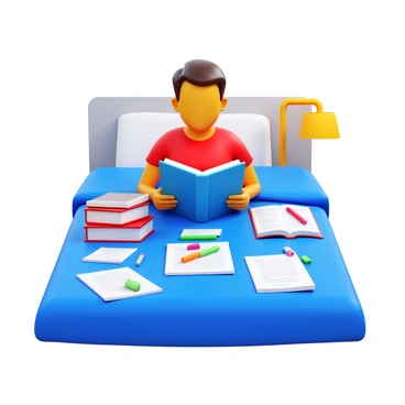 A person sitting on a bed with study materials spread out around them. The bed is covered with a blue comforter, and the individual is holding a pen while looking at a notebook filled with notes. There are textbooks, highlighters, and loose papers scattered across the bed. A lamp on the bedside table provides warm light, illuminating the study materials. The person's expression shows focus and concentration as they prepare for their upcoming exam.