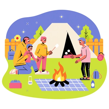 A family of four is camping in their backyard, surrounded by a wooden fence and colorful flowers. The parents and two children are gathered around a small, crackling campfire, with bright orange and yellow flames. Each family member holds a stick with a fluffy white marshmallow toasting over the fire. In the background, a cozy tent is set up with a checkered blanket spread out in front. The sky is a deep blue with twinkling stars visible above. There are a few scattered camping gear items, such as a lantern and backpacks, enhancing the camping atmosphere.