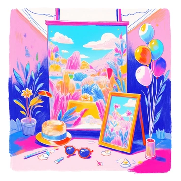 A photo station is set up with a large backdrop featuring an oversized illustrated canvas. The canvas displays vibrant scenes filled with whimsical characters and colorful landscapes. There are props placed around the station, including oversized sunglasses, a large flower, and playful hats. A brightly colored frame is propped up in front of the backdrop, inviting people to take selfies. The area is decorated with balloons in various shapes and colors, creating a festive atmosphere.