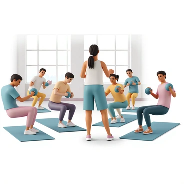 A group of six individuals engaged in a fitness class, performing "Russian twists." Each person is seated on exercise mats, with their feet elevated off the ground as they twist their torsos to one side, holding a medicine ball. The individuals vary in appearance, including two women and four men, all wearing colorful athletic apparel. The instructor, a fit woman with a ponytail, stands in front of the group, demonstrating the exercise and offering encouragement. The modern gym has large windows allowing natural light to illuminate the space, and exercise equipment is visible in the background.
