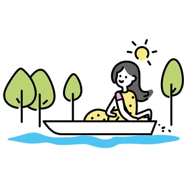 A girl wearing a vibrant, colorful lehenga with intricate patterns is sitting in a small wooden boat. She has long flowing hair that gently sways in the breeze. The boat is gliding across a tranquil river, surrounded by lush green trees and soft ripples on the water's surface. The girl's expression shows joy as she gazes at the scenery around her, with the sun casting a warm glow over the scene.