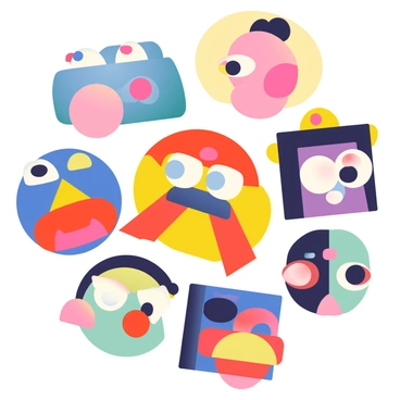 A series of abstract faces are arranged in a dynamic composition. The faces are formed with bold geometric shapes, including triangles, circles, and rectangles. Each face features a unique combination of vibrant colors such as electric blue, bright yellow, fiery red, and deep purple. Some faces have exaggerated features like large, expressive eyes and oversized mouths, while others are more subdued. The background is a soft gradient that transitions smoothly between pastel hues, enhancing the vividness of the faces.