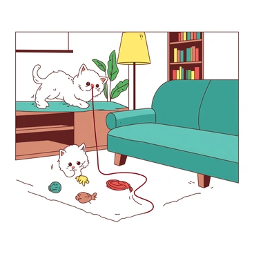 A small white kitten with fluffy fur is playfully swatting at a long, red string that dangles from a low shelf. The living room is furnished with a soft, teal couch and a wooden coffee table. A warm yellow lamp casts a gentle glow across the room, illuminating a few scattered toys on the carpet. In the background, a bookshelf filled with colorful books and a houseplant adds a touch of life to the cozy atmosphere. The kitten's eyes are wide with curiosity as it leans forward, fully engaged in its playful antics.