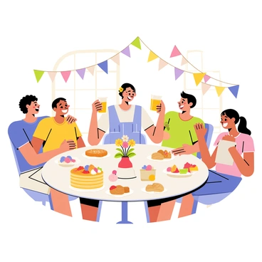 A woman sitting at a round table, smiling and holding a glass of orange juice. She is wearing a light blue summer dress. Surrounding her are three friends, each enjoying their meal and laughing. The table is filled with various colorful dishes, including a large stack of pancakes topped with strawberries and whipped cream, a bowl of fresh fruit, and a platter of pastries. The setting features bright, festive decorations such as colorful balloons and streamers hanging overhead. A small vase of flowers sits in the center of the table, adding a cheerful touch to the scene. Sunlight streams through a nearby window, illuminating the joyful gathering.