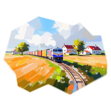A cargo train passing by expansive farmlands with fields and farmhouses