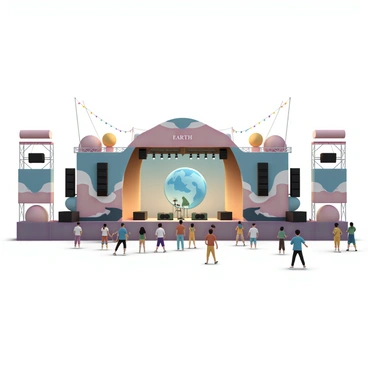 A large music festival stage is set up with a vibrant atmosphere. The stage has a wide backdrop featuring "Earth-themed banners" that display images of the planet, landscapes, and wildlife. Colorful lights are strung along the edges of the stage, illuminating the area with a warm glow. The stage has multiple levels, with speakers at the sides and musical instruments positioned for the performers. In front of the stage, a crowd of people stands, some dancing and others holding drinks, all enjoying the festive environment.