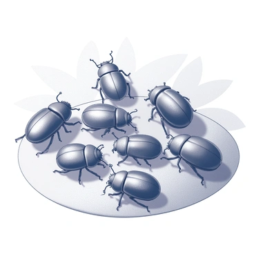 A group of beetles gathered on a textured surface. The beetles vary in size and shape, showcasing distinct patterns and features on their exoskeletons. Some beetles have rounded bodies, while others display elongated forms. Their antennae extend outward, and their legs are positioned as if they are in motion. The background features a subtle representation of foliage, adding depth to the scene. Each beetle exhibits intricate details, emphasizing their natural characteristics.