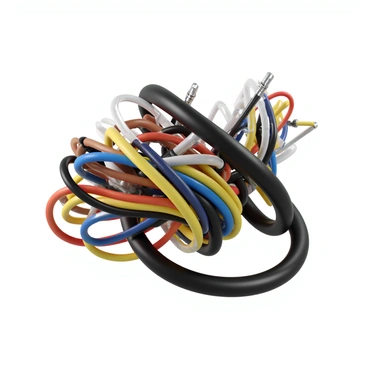 A complex wire harness of a helicopter, showcasing numerous color-coded wires bundled together. The wires vary in thickness and length, and some are neatly arranged while others are loosely coiled. The harness features multiple connectors and junctions, with a focus on intricate weaving and interlocking of different wire types. The background is plain to emphasize the details of the harness, highlighting the craftsmanship involved in its design.