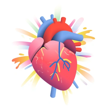 A detailed representation of a human heart is at the center of the image. The heart is anatomically accurate, showcasing its intricate structures and chambers, with visible veins and arteries. Surrounding the heart are splashes of vibrant colors, including red, blue, and yellow, that radiate outward in an abstract manner. The colors blend and intermingle, creating a dynamic effect around the heart. The background remains soft and gradient, allowing the heart and colors to stand out prominently.