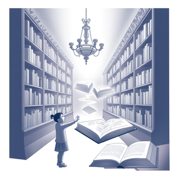 A grand library filled with towering shelves of books. Each shelf is adorned with intricate carvings, and the books appear animated, with some fluttering open as if whispering secrets. A large, ornate chandelier hangs from the ceiling, casting soft light over the scene. In the foreground, a young child stands in awe, reaching out towards a book that has floated down, its pages turning of their own accord. The atmosphere is enchanting, with swirling patterns around the books that suggest movement and magic. "A magical library where books come to life" is visible in elegant script across an open book on a nearby table.