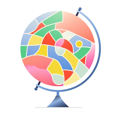 A globe with a vibrant mosaic pattern is prominently displayed in the center of the image. The mosaic features a variety of bright colors, including reds, yellows, blues, and greens, arranged in intricate geometric shapes. Each section of the mosaic is distinctly outlined, enhancing the visual clarity. The globe is set against a soft gradient background that transitions from light blue at the top to a warm peach at the bottom, creating a warm and inviting atmosphere. The stand of the globe is metallic and sleek, contrasting with the colorful design of the globe.