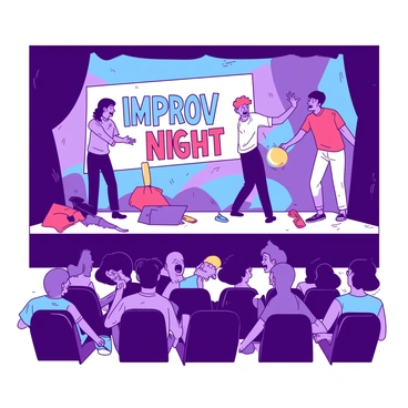A group of teenagers is performing improvisational comedy on a small stage in a theater. The stage is brightly lit, showcasing the teenagers in various energetic poses. One teenager is in the foreground, animatedly gesturing, while another is laughing and reacting with an exaggerated expression. Behind them, a colorful banner hangs that reads "Improv Night" in big letters. The audience sits in shadows, captivated by the performance, with some members leaning forward in their seats, showing smiles and laughter. The atmosphere is lively, filled with energy and excitement.