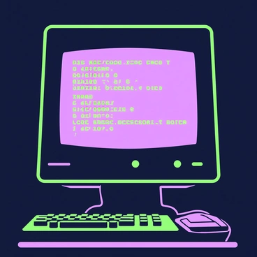 A close-up view of a vintage computer monitor displaying a DOS command prompt interface. The screen features a green-and-purple text layout with various command lines and directory paths. The monitor has a thick black frame with buttons on the front panel, showcasing its retro design. The background is dimly lit, emphasizing the glow of the screen. A keyboard rests below the monitor, with visible keys that reflect the vintage style of the era.