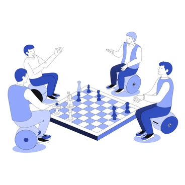 A group of four people is playing a game of chess while seated on stationary mini segways. Two players are positioned on one side of a large chessboard, deeply focused on their pieces. Each player has a thoughtful expression as they contemplate their next moves. The chessboard is set on a simple ground surface, with each square clearly outlined. The other two players sit across from them, one with a hand raised, suggesting a move. The segways are compact and sleek, designed for easy balance and maneuverability. The scene captures the interaction and concentration of the players in this unique setting.
