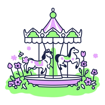 A vintage carousel is situated in the center of the image, featuring ornate carvings and colorful horses that are poised to move. The carousel has a canopy adorned with decorative details and is mounted on a circular base. Surrounding the carousel is a lush garden filled with blooming flowers of various shapes and sizes. The flowers are vibrant and lush, creating a colorful border around the carousel. Some flowers are tall while others are shorter, adding depth to the garden. The ground is covered with green grass that contrasts with the colors of the flowers and the carousel. A few butterflies are seen fluttering amongst the flowers, enhancing the lively atmosphere.